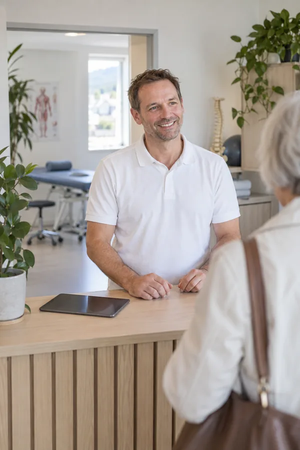 A physiotherapist talks with a patient at the reception desk