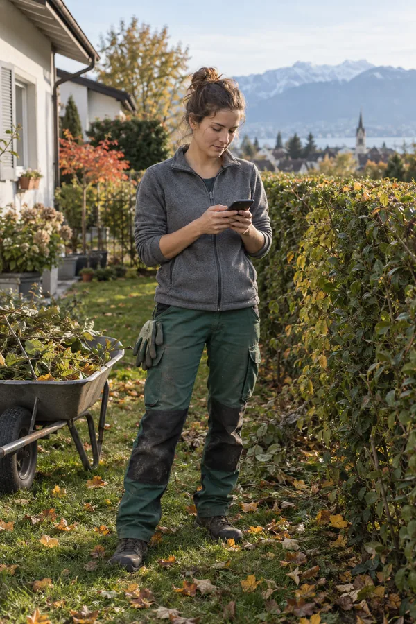 A gardener checks the next address on her phone