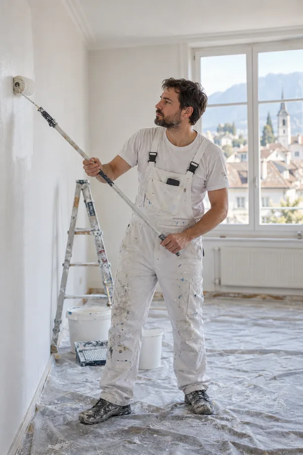 A painter rolls paint onto a wall in a flat being renovated