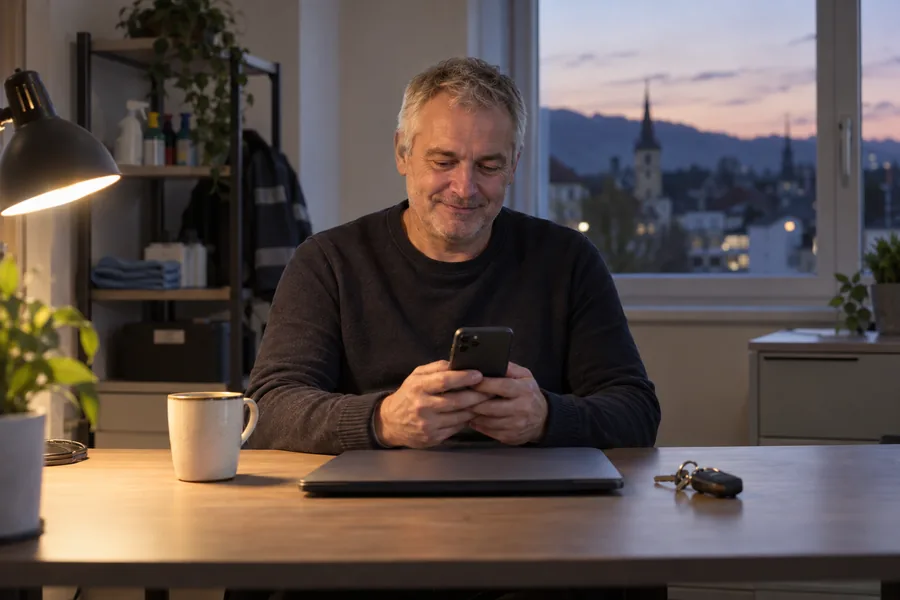 The owner of a small cleaning business at the end of the day, seeing on his phone that the hours and invoices are done