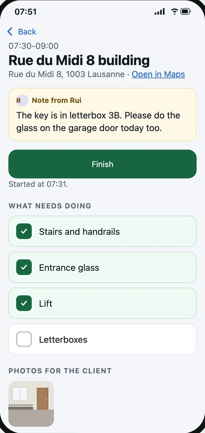 A cleaning firm's app: the morning job, with the owner's note, the checklist ticked off and a photo