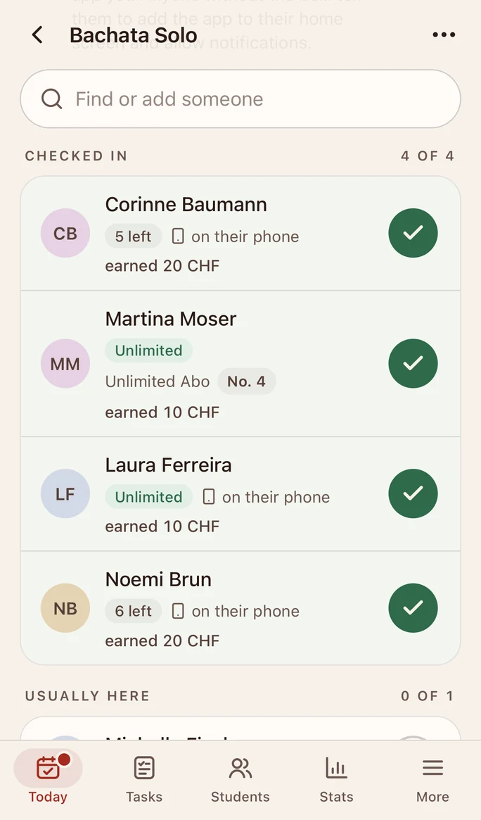 A class register: who came and who checked in on their phone